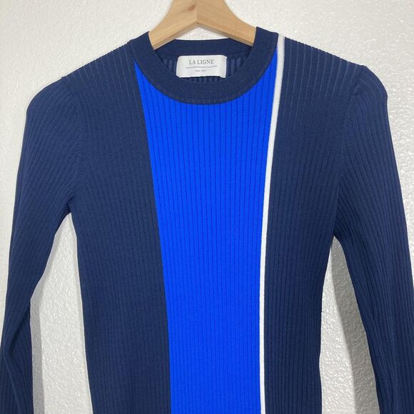 La Ligne New York Dress S Navy Blue Colorblock Ribbed Knit Bodycon Long Sleeve - Picture 14 of 16
